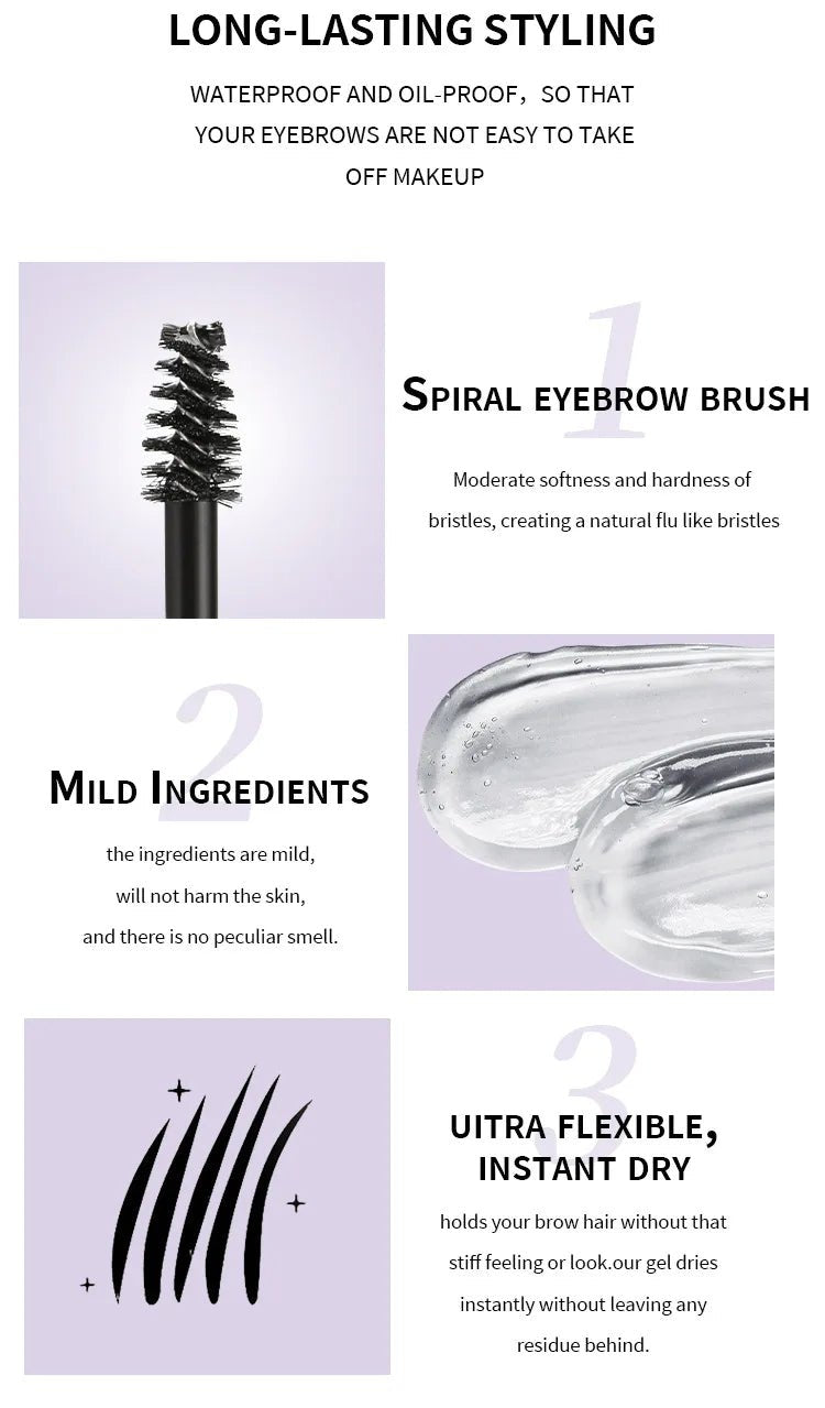 Trenches of Mariana waterproof 3D eyebrow shaping gel in transparent, long-lasting, quick-drying formula for natural, professional eyebrow hold