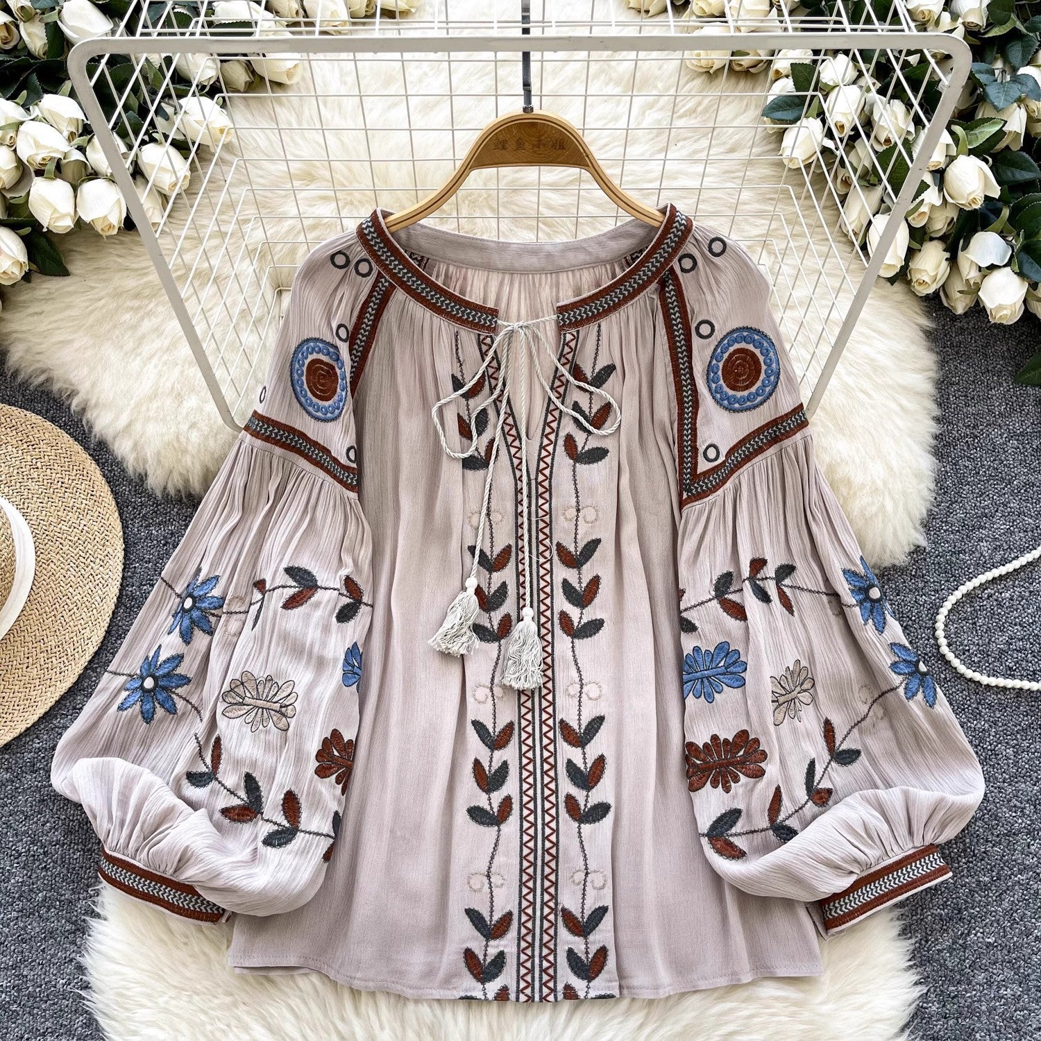 Round Neck Tie Lantern Sleeve Women's Autumn New Loose Shirt by Trenches of Mariana