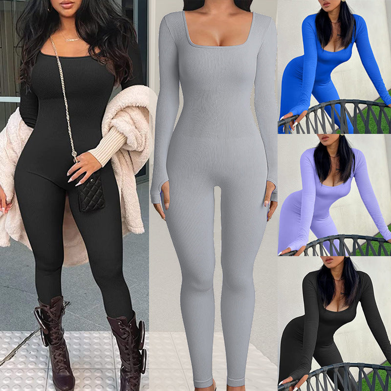 Threaded Square Collar Buttocks Slim Jumpsuit by Trenches of Mariana