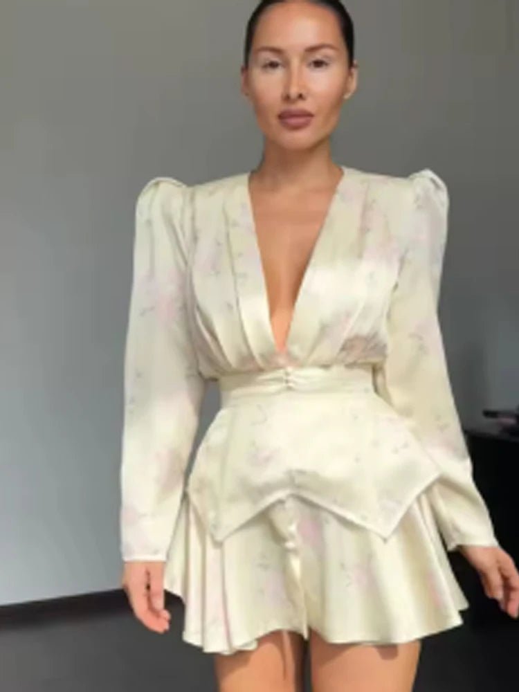 Elegant Floral Printed Waist-cinched Mini Dress Women Pleated Deep V-neck Long Sleeve Button-front Dresses Fashion Party Robe - Trenches of Mariana