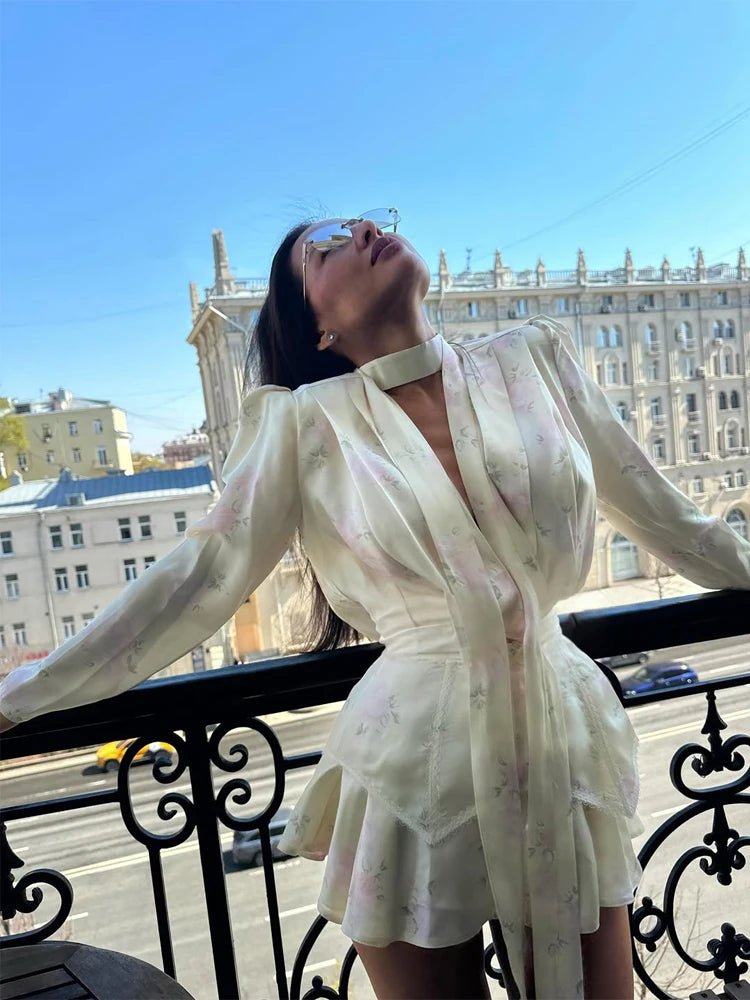 Elegant Floral Printed Waist-cinched Mini Dress Women Pleated Deep V-neck Long Sleeve Button-front Dresses Fashion Party Robe - Trenches of Mariana