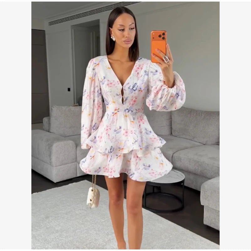 Elegant Floral Printed Waist-cinched Mini Dress Women Pleated Deep V-neck Long Sleeve Button-front Dresses Fashion Party Robe - Trenches of Mariana