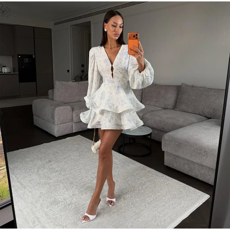Elegant Floral Printed Waist-cinched Mini Dress Women Pleated Deep V-neck Long Sleeve Button-front Dresses Fashion Party Robe - Trenches of Mariana
