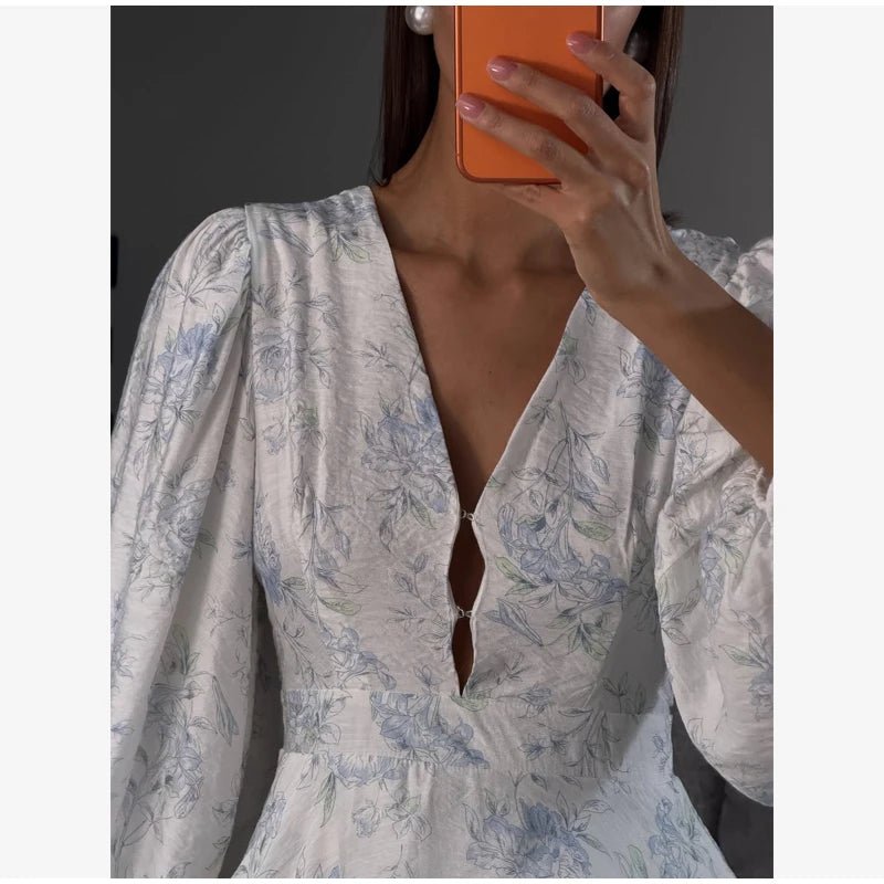 Elegant Floral Printed Waist-cinched Mini Dress Women Pleated Deep V-neck Long Sleeve Button-front Dresses Fashion Party Robe - Trenches of Mariana