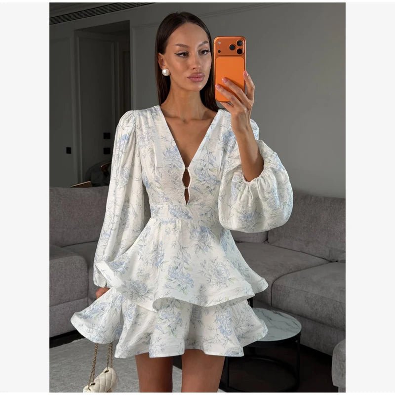 Elegant Floral Printed Waist-cinched Mini Dress Women Pleated Deep V-neck Long Sleeve Button-front Dresses Fashion Party Robe - Trenches of Mariana