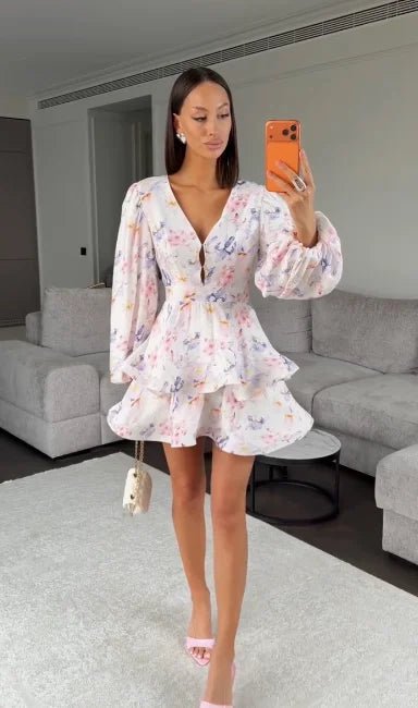Elegant Floral Printed Waist-cinched Mini Dress Women Pleated Deep V-neck Long Sleeve Button-front Dresses Fashion Party Robe - Trenches of Mariana