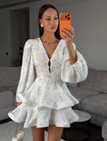 Elegant Floral Printed Waist-cinched Mini Dress Women Pleated Deep V-neck Long Sleeve Button-front Dresses Fashion Party Robe - Trenches of Mariana