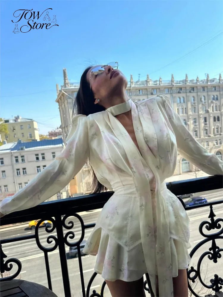 Elegant Floral Printed Waist-cinched Mini Dress Women Pleated Deep V-neck Long Sleeve Button-front Dresses Fashion Party Robe - Trenches of Mariana