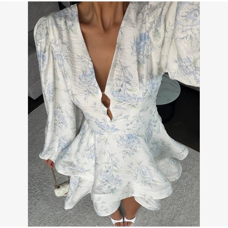 Elegant Floral Printed Waist-cinched Mini Dress Women Pleated Deep V-neck Long Sleeve Button-front Dresses Fashion Party Robe - Trenches of Mariana