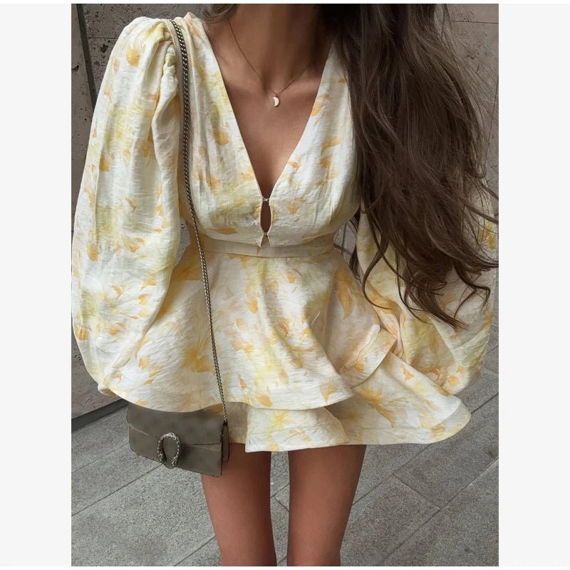 Elegant Floral Printed Waist-cinched Mini Dress Women Pleated Deep V-neck Long Sleeve Button-front Dresses Fashion Party Robe - Trenches of Mariana