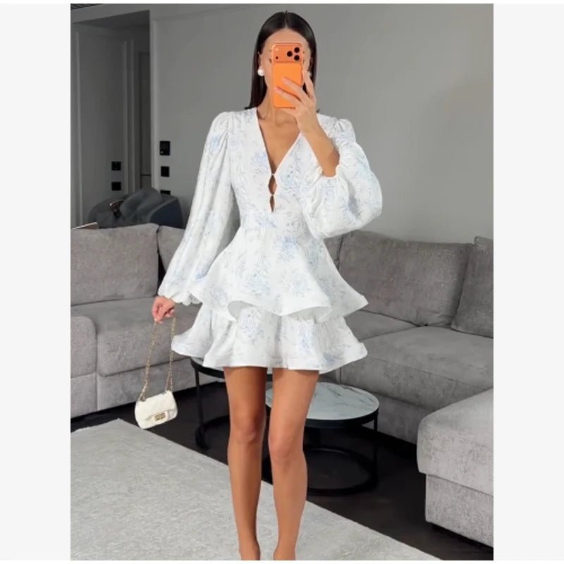 Elegant Floral Printed Waist-cinched Mini Dress Women Pleated Deep V-neck Long Sleeve Button-front Dresses Fashion Party Robe - Trenches of Mariana