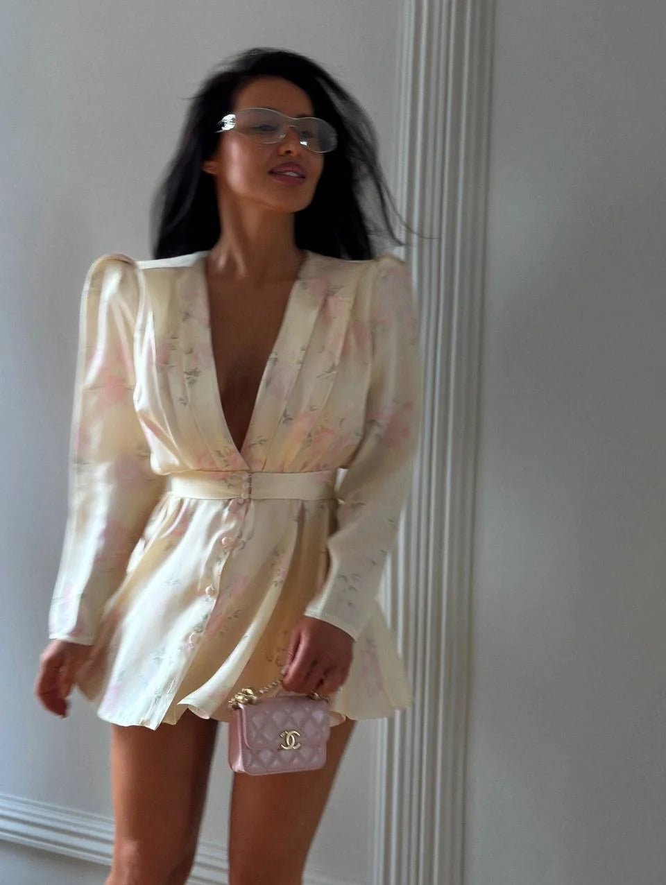 Elegant Floral Printed Waist-cinched Mini Dress Women Pleated Deep V-neck Long Sleeve Button-front Dresses Fashion Party Robe - Trenches of Mariana