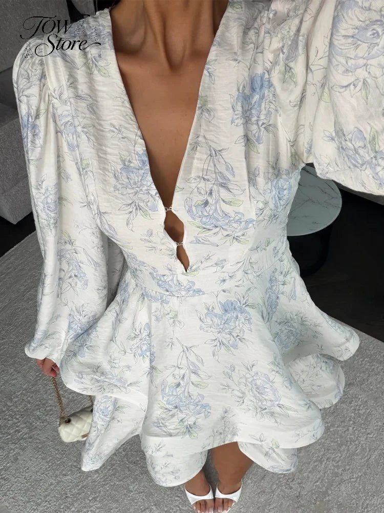 Elegant Floral Printed Waist-cinched Mini Dress Women Pleated Deep V-neck Long Sleeve Button-front Dresses Fashion Party Robe - Trenches of Mariana