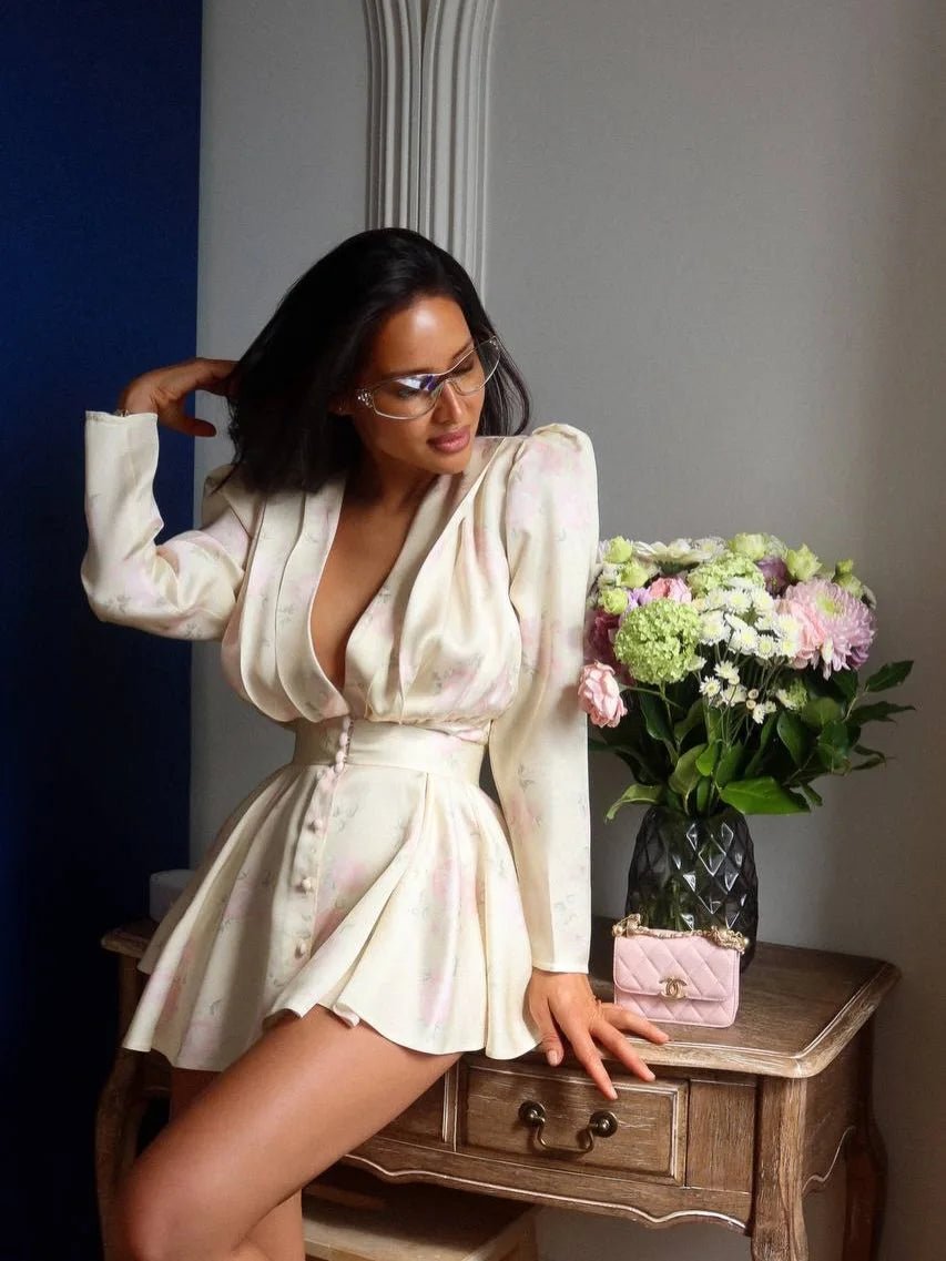 Elegant Floral Printed Waist-cinched Mini Dress Women Pleated Deep V-neck Long Sleeve Button-front Dresses Fashion Party Robe - Trenches of Mariana