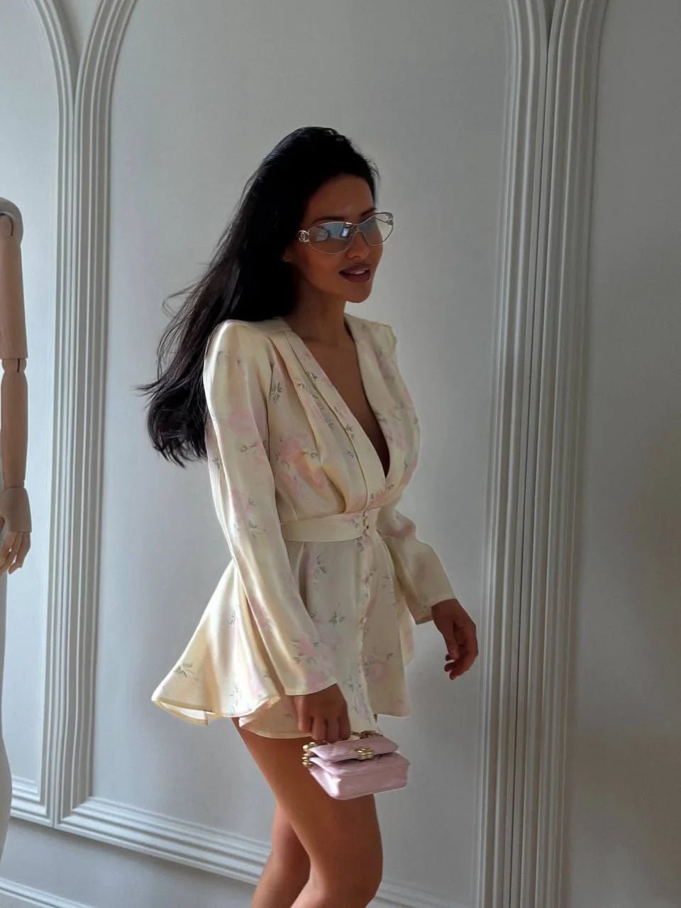 Elegant Floral Printed Waist-cinched Mini Dress Women Pleated Deep V-neck Long Sleeve Button-front Dresses Fashion Party Robe - Trenches of Mariana