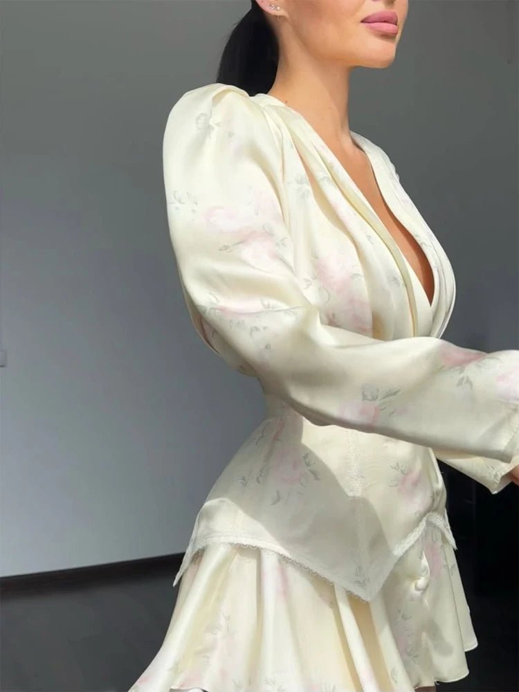 Elegant Floral Printed Waist-cinched Mini Dress Women Pleated Deep V-neck Long Sleeve Button-front Dresses Fashion Party Robe - Trenches of Mariana