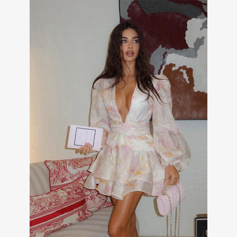 Elegant Floral Printed Waist-cinched Mini Dress Women Pleated Deep V-neck Long Sleeve Button-front Dresses Fashion Party Robe - Trenches of Mariana