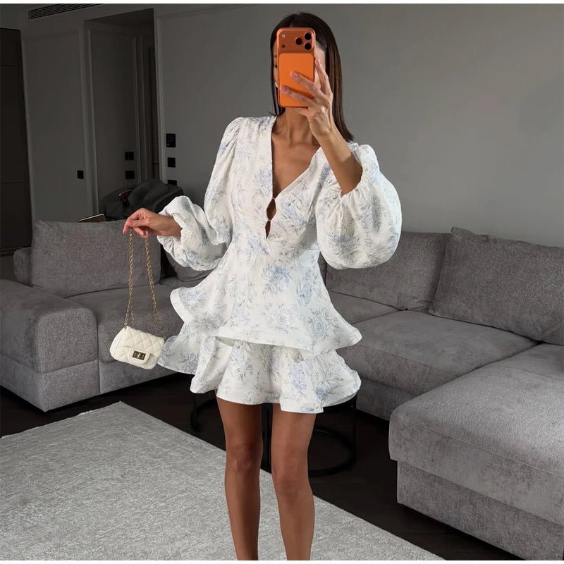 Elegant Floral Printed Waist-cinched Mini Dress Women Pleated Deep V-neck Long Sleeve Button-front Dresses Fashion Party Robe - Trenches of Mariana