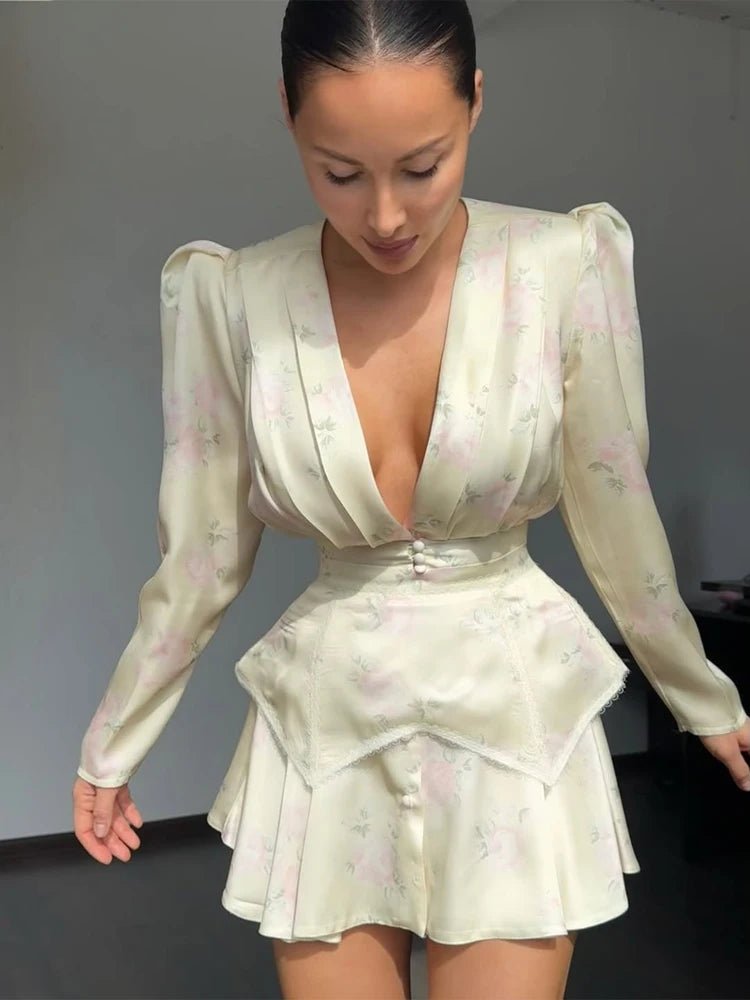 Elegant Floral Printed Waist-cinched Mini Dress Women Pleated Deep V-neck Long Sleeve Button-front Dresses Fashion Party Robe - Trenches of Mariana