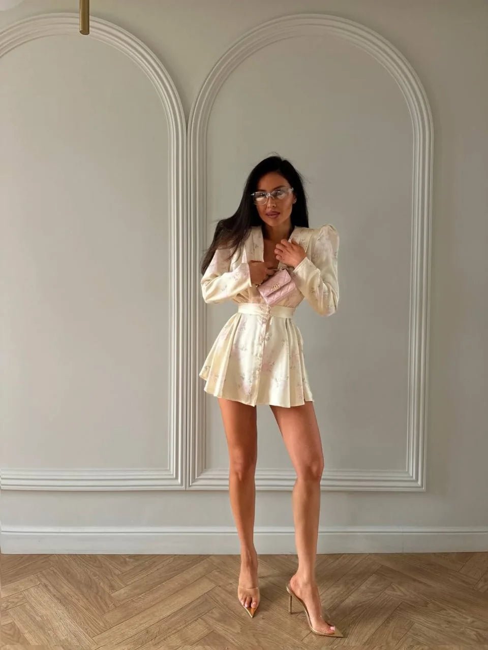 Elegant Floral Printed Waist-cinched Mini Dress Women Pleated Deep V-neck Long Sleeve Button-front Dresses Fashion Party Robe - Trenches of Mariana