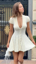 Elegant Solid Polka Dot Dress Women Sexy Deep V Neck Puff Sleeve Waist-cinching Mini A-line Dresses 2026 Summer Lady Party Robe - Trenches of Mariana