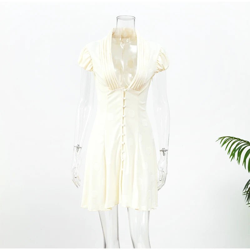 Elegant Solid Polka Dot Dress Women Sexy Deep V Neck Puff Sleeve Waist-cinching Mini A-line Dresses 2026 Summer Lady Party Robe - Trenches of Mariana
