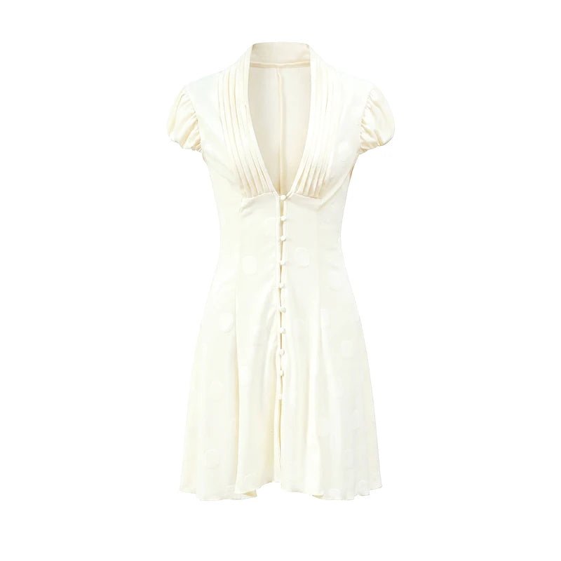 Elegant Solid Polka Dot Dress Women Sexy Deep V Neck Puff Sleeve Waist-cinching Mini A-line Dresses 2026 Summer Lady Party Robe - Trenches of Mariana
