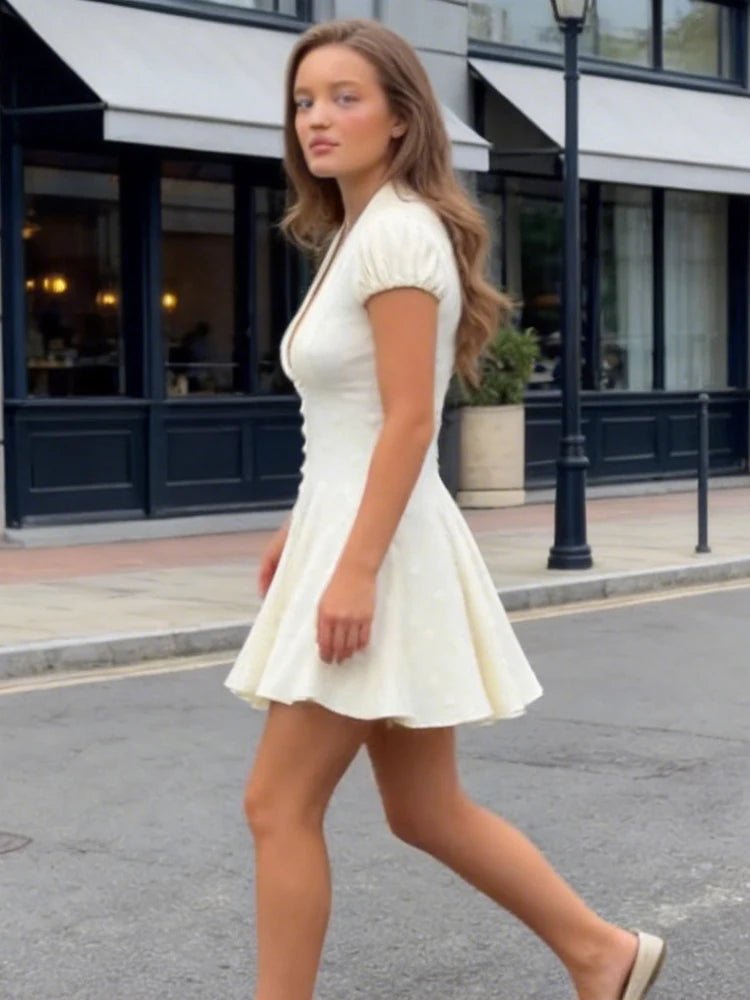 Elegant Solid Polka Dot Dress Women Sexy Deep V Neck Puff Sleeve Waist-cinching Mini A-line Dresses 2026 Summer Lady Party Robe - Trenches of Mariana