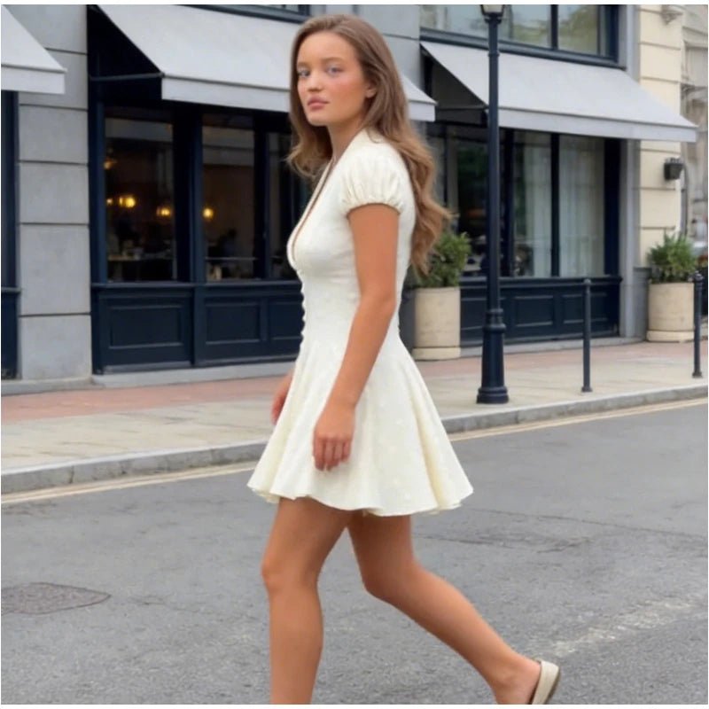 Elegant Solid Polka Dot Dress Women Sexy Deep V Neck Puff Sleeve Waist-cinching Mini A-line Dresses 2026 Summer Lady Party Robe - Trenches of Mariana