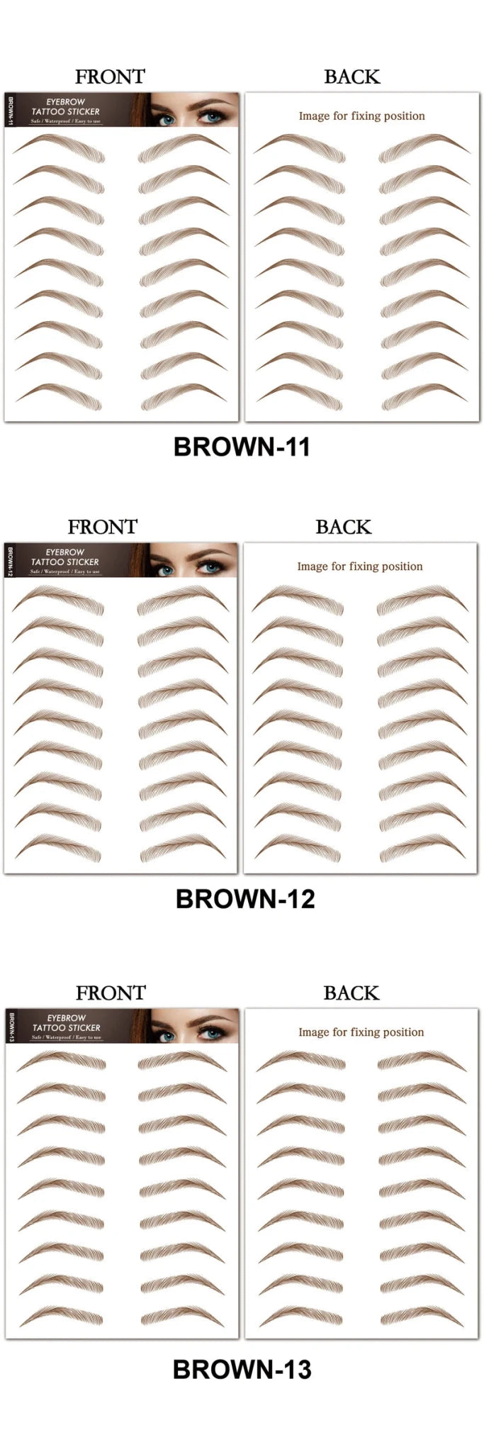 Waterproof eyebrow tattoo stickers by Trenches of Mariana, long-lasting false eyebrows for grooming and shaping, water-based and hair-like.