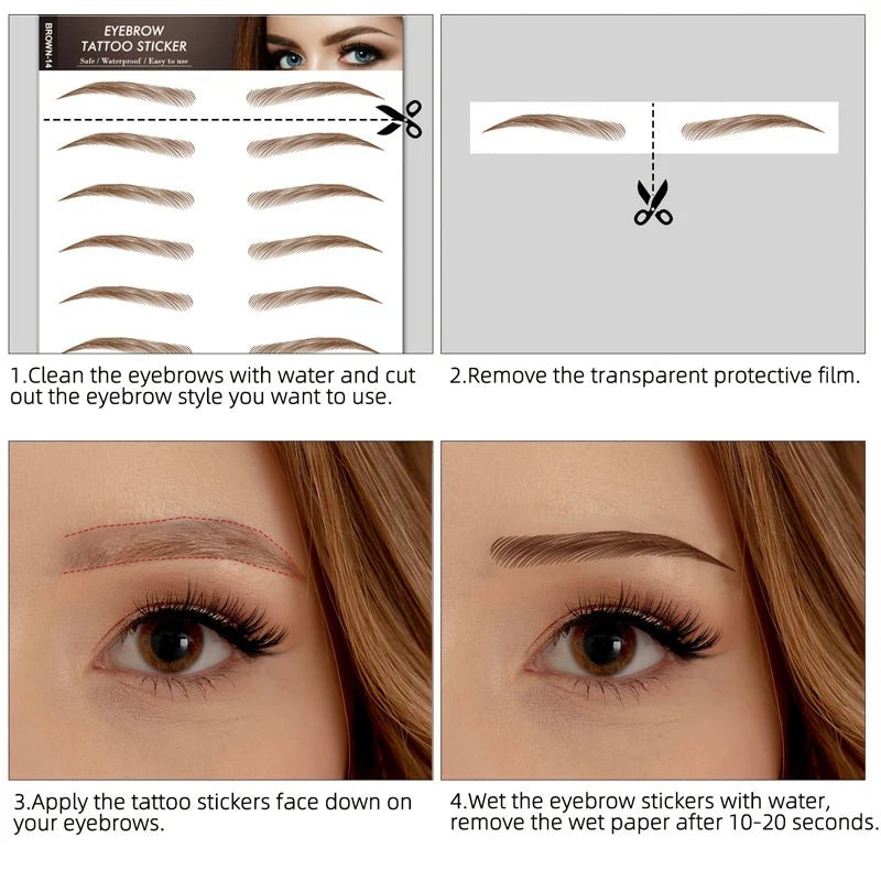 Waterproof eyebrow makeup tattoo stickers by Trenches of Mariana, featuring natural-looking, long-lasting false eyebrows for brow shaping.