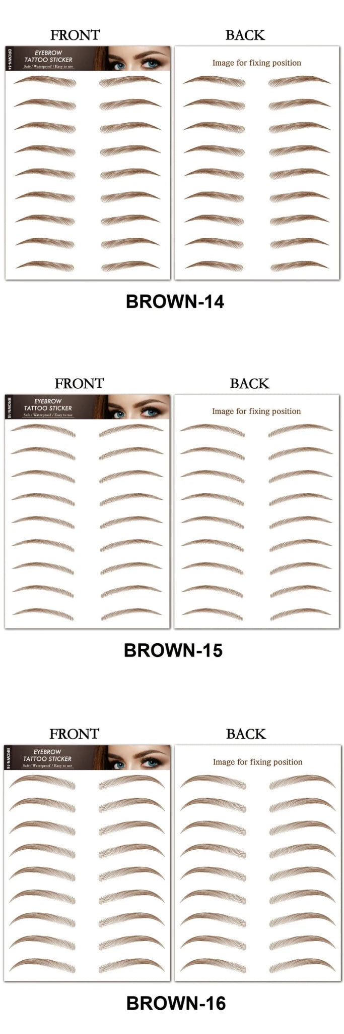 Waterproof eyebrow tattoo stickers by Trenches of Mariana, long-lasting false eyebrow stickers for brow shaping and grooming.