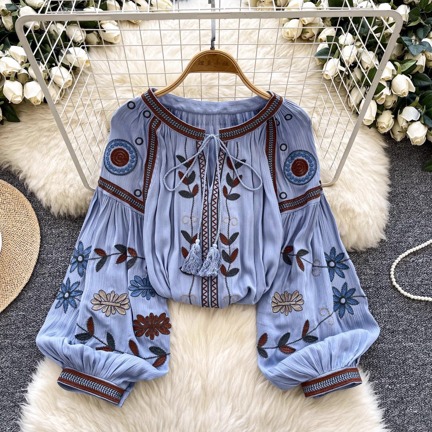 Round Neck Tie Lantern Sleeve Women's Autumn New Loose Shirt by Trenches of Mariana