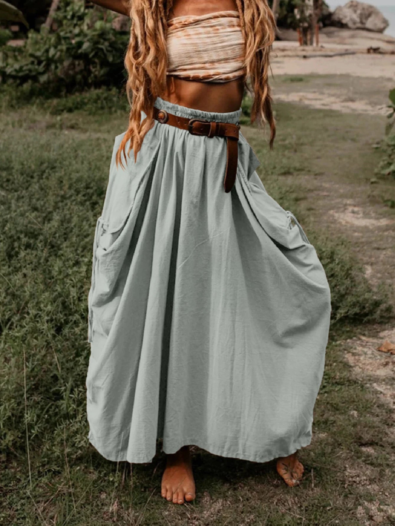 Khaki Cargo Maxi Skirt High Waist with Belt - Trenches of Mariana