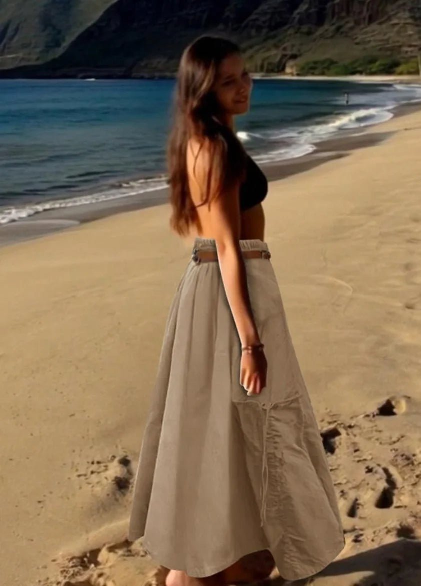 Khaki Cargo Maxi Skirt High Waist with Belt - Trenches of Mariana