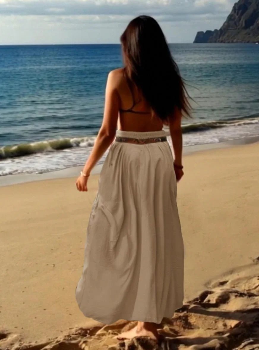 Khaki Cargo Maxi Skirt High Waist with Belt - Trenches of Mariana
