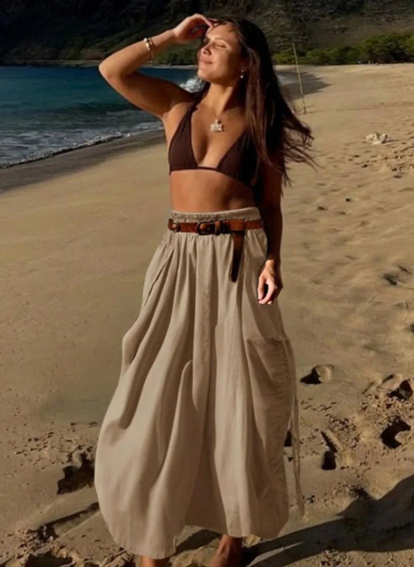 Khaki Cargo Maxi Skirt High Waist with Belt - Trenches of Mariana