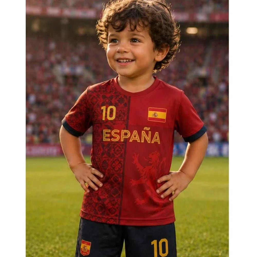 Kiddie and teen Spain soccer jersey by Trenches of Mariana, featuring team colors and logo on the front.