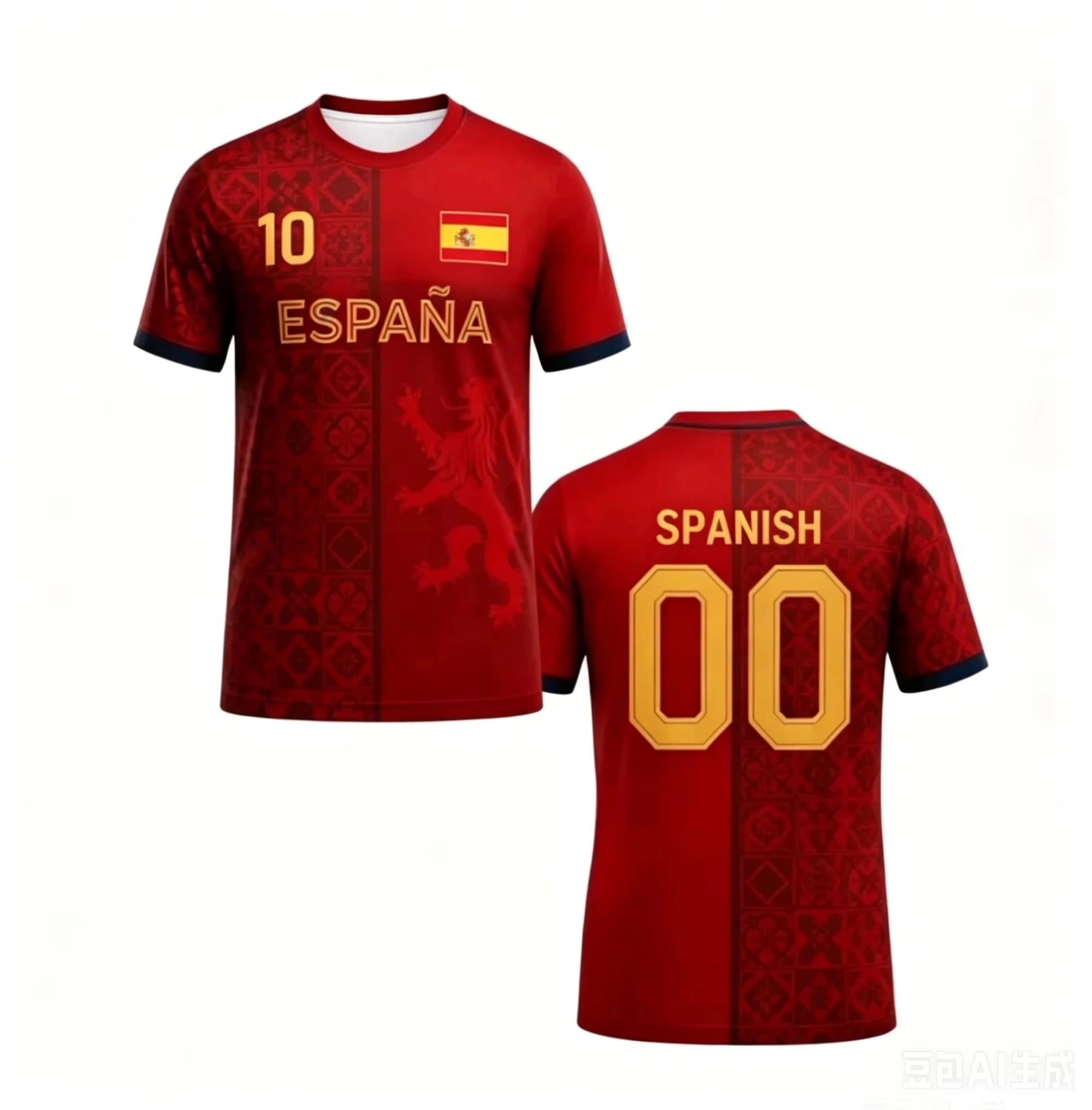 Kiddie and teen Spain soccer jersey by Trenches of Mariana, featuring team colors and logo, front view.