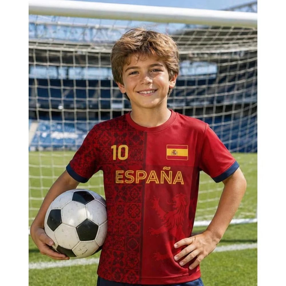 Kiddie and teen Spain soccer jersey by Trenches of Mariana, featuring the team's colors and crest on the front.