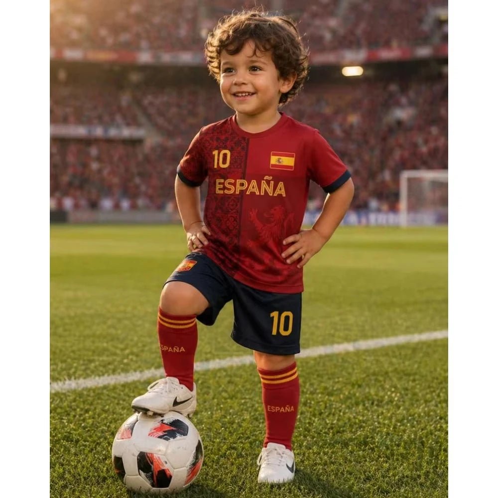 Kiddie and teen Spain soccer jersey by Trenches of Mariana featuring the team's red and yellow colors and official design.