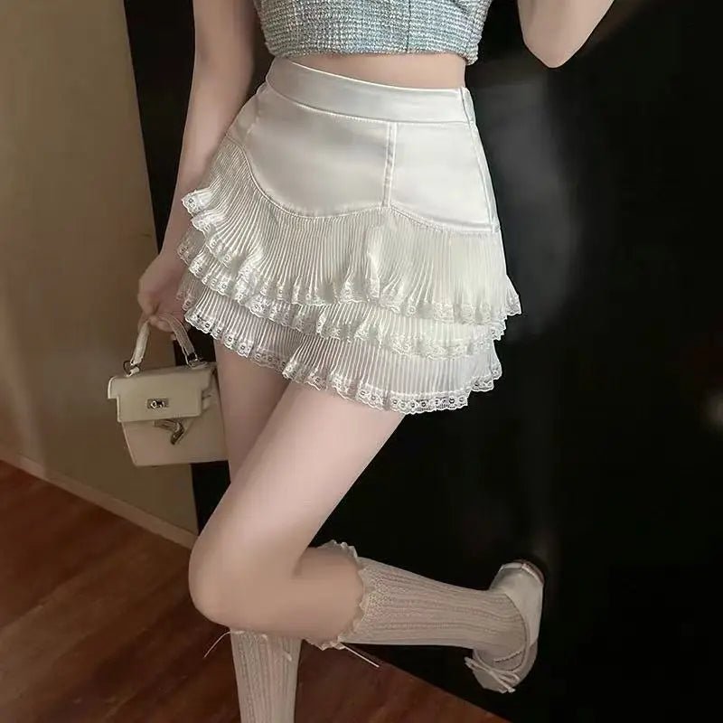 Lace Ruffle Edge A-word Skirt White High Waist Short Skirt Women's Pleated Skirt - Trenches of Mariana