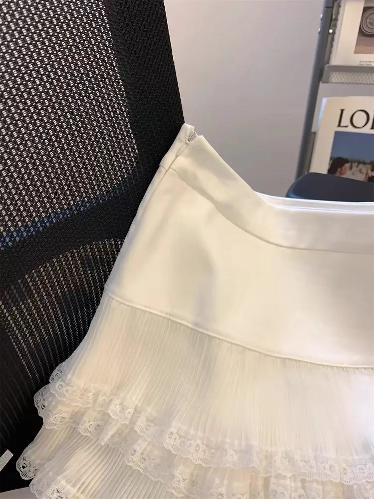 Lace Ruffle Edge A-word Skirt White High Waist Short Skirt Women's Pleated Skirt - Trenches of Mariana