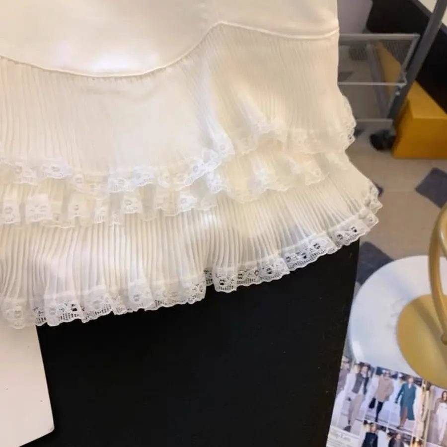 Lace Ruffle Edge A-word Skirt White High Waist Short Skirt Women's Pleated Skirt - Trenches of Mariana
