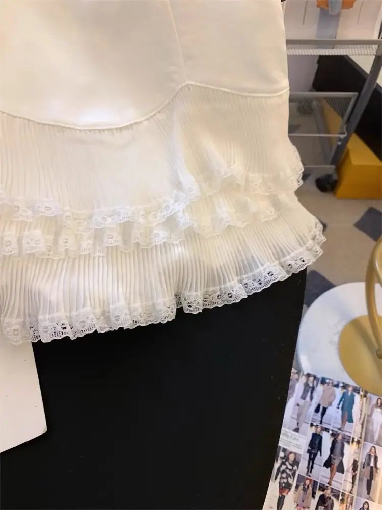 Lace Ruffle Edge A-word Skirt White High Waist Short Skirt Women's Pleated Skirt - Trenches of Mariana
