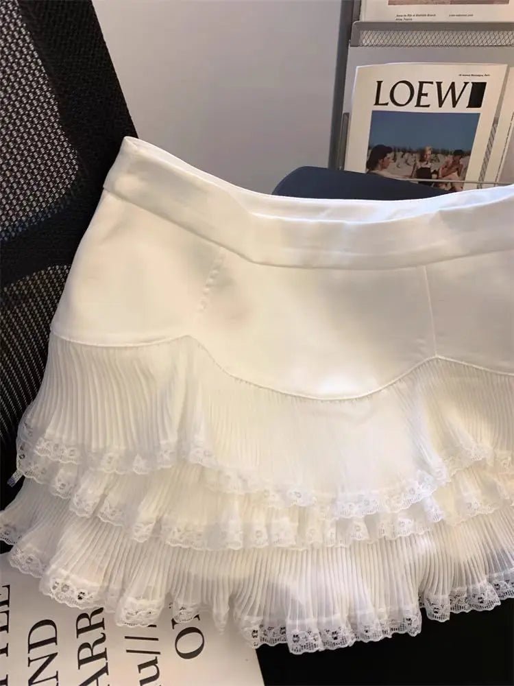 Lace Ruffle Edge A-word Skirt White High Waist Short Skirt Women's Pleated Skirt - Trenches of Mariana