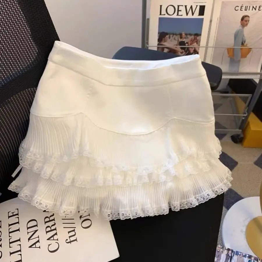 Lace Ruffle Edge A-word Skirt White High Waist Short Skirt Women's Pleated Skirt - Trenches of Mariana