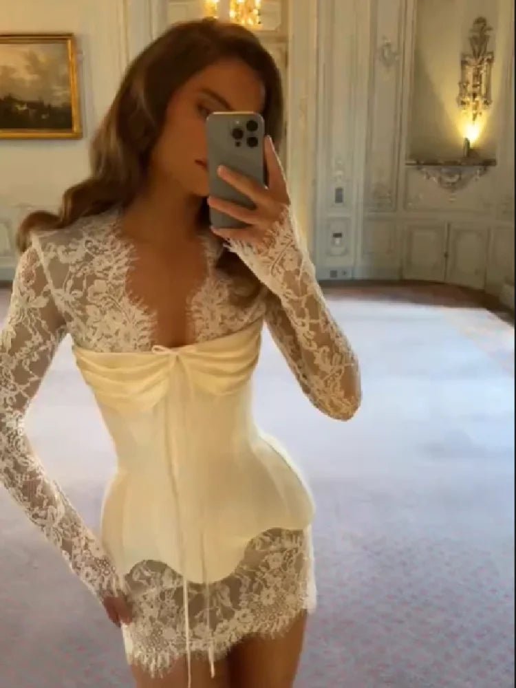 Lace Trim Bustier Dress Satin Deep V Neck Long Sleeve Ruched Sexy Elegant Bandage Vestido 2026 NEW Women‘s Evening Dresses - Trenches of Mariana