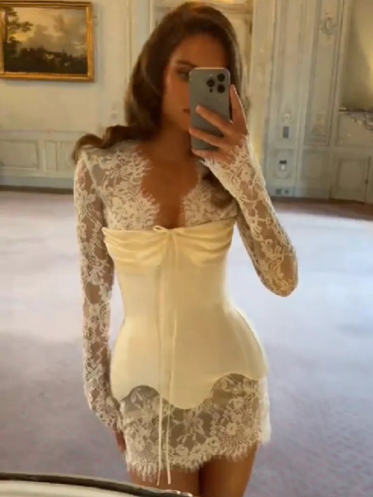 Lace Trim Bustier Dress Satin Deep V Neck Long Sleeve Ruched Sexy Elegant Bandage Vestido 2026 NEW Women‘s Evening Dresses - Trenches of Mariana
