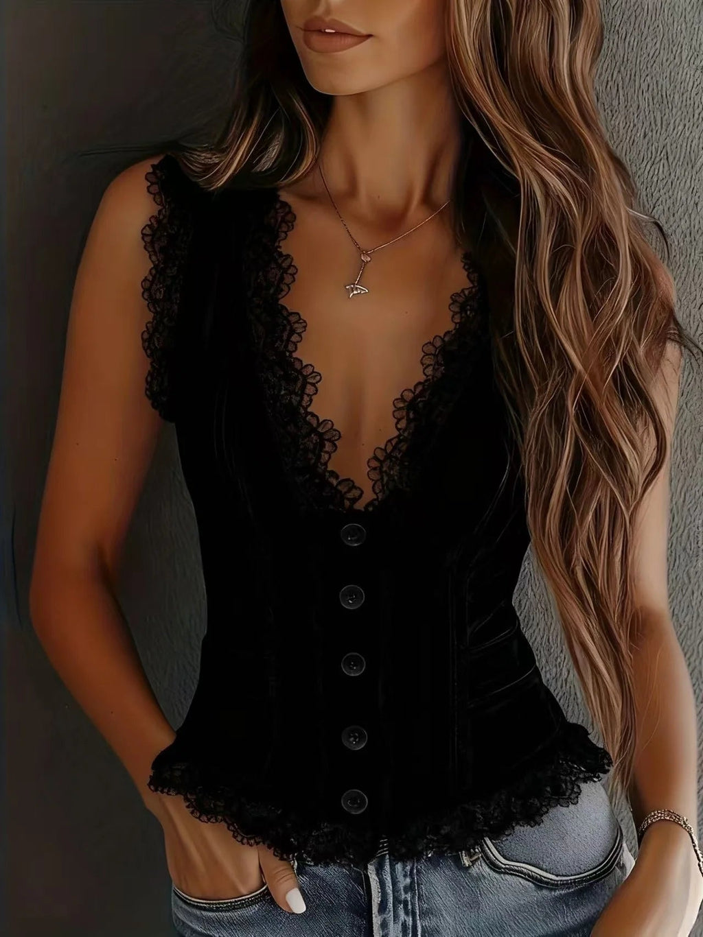 Lace V-neck Vest Top Summer Women's New Solid Color Western Cowboy Style Sexy Sleeveless Single-breasted Top Ropa Para Mujer - Trenches of Mariana